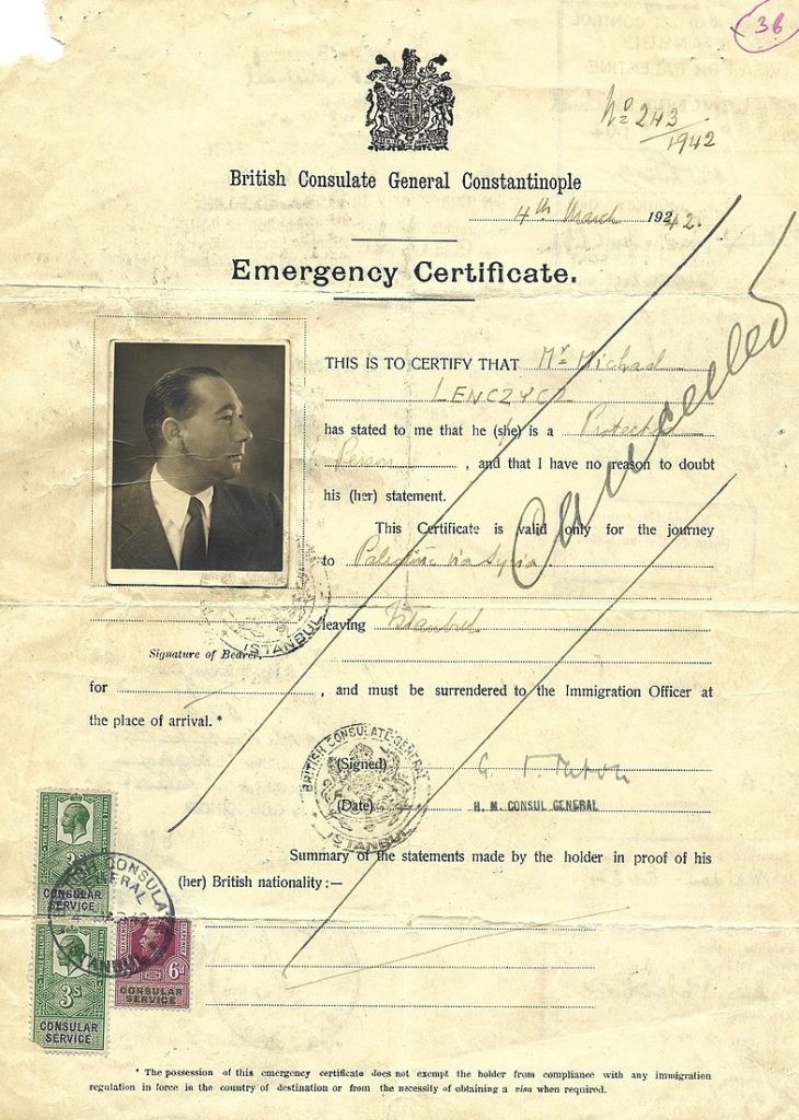 1942 Emergency Certificate from British Consulate